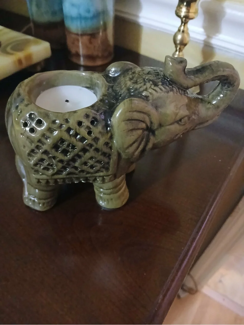 Ceramic Elephant Candle Holder - Olive Green Home Accent